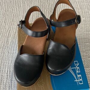Dansko Black Leather Mary Jane Clogs with Ankle Strap
